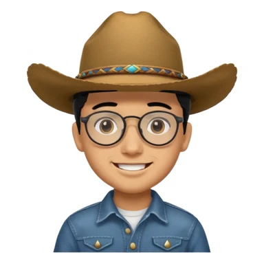 Hispanic Smiling boy with cow boy hat and black hair  . With chin strap and black glasses  sticker