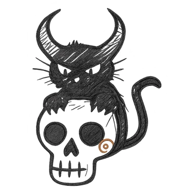 Add a black cat with oversized demon horns, front paws gripping the skull, hand drawn style with expressive linework, no fill, preserve the red spiral on the cheek, transparent background. sticker