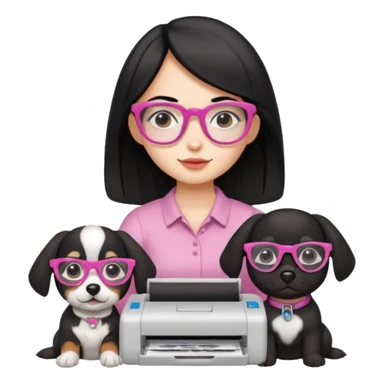 Una chica con pelo negro y lentes rosados con una impresora y dos perras una cajeta y la otra negra sticker