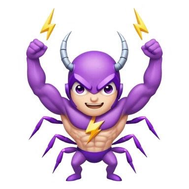 cute purple bug with confident narrowed eyes, strong flexing muscular arms, a fun happy smiling expression, and electric lightning bolt arms sticker
