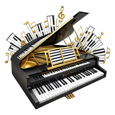 Create a detailed and elegant emoji collage representing keyboard instruments in a celebratory and professional style, reminiscent of a coat of arms. The design should feature a central arrangement of black and white piano keys, forming a symmetrical, powerful image. Around the keys, include a flowing ribbon of musical notes that intertwines with the keys, creating a sense of movement and harmony. Use gold and silver accents to highlight the keys and musical notes, giving the design a festive, high-quality appearance. The design should convey professionalism, elegance, and a sense of occasion. Add subtle reflections on the piano keys to enhance the polished look. The background should be transparent. sticker