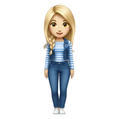 A beautiful blonde girl dressed with a short on White and blue stripes, trousers dark blue sticker