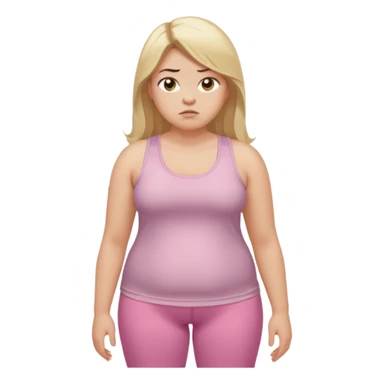Create a young woman with long blonde hair, golden eyes, and medium-light skin tone, wearing a light pink tank top and leggings. but she is overweight  She should be in portrait mode, but with a subtle doubting facial expression—slightly raised eyebrow, small frown, sticker