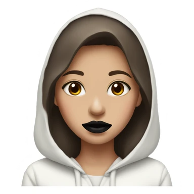girl with brown hair in a white hoodie and black lipstick with a red stain on her mouth sticker