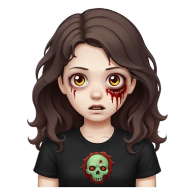 crie uma garota com ferimentos zoombie cabelo ondulado 2c longo castanho escuro e blusa básica preta sem nada  sticker