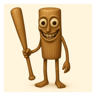 Make the stump character much skinnier and longer, with a face that is even creepier—large, wide, staring eyes and an exaggerated unsettling smile, closely matching the new reference image. Keep arms and legs, holding a baseball bat. Render in emoji style. sticker
