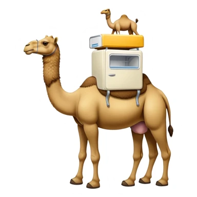 An appliance hybrid with a refrigerator body, a long-necked camel head emerging from the top, and four camel legs with hooves wearing yellow-brown Timberland boots sticker