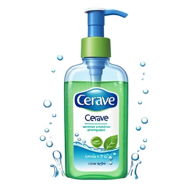 `CeraVe-shaped white rectangular pump bottle with soft green label and blue “CeraVe” stripe. Surrounded by floating water bubbles, glowing light particles, and a gentle green mist. Feels like a calm hydration spell in a bottle. Clean, glossy, emoji-style.`
 sticker