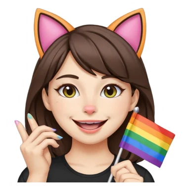brunette girl with cat ears and doing cat pose with gay flag in mouth sticker