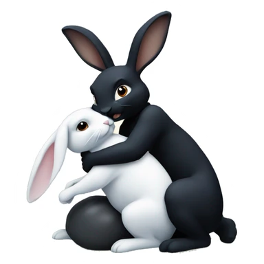 Black rabbit hugging white rabbit with moon behind them sticker