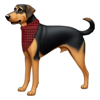 adult 75% Coonhound 25% German Shepherd mix dog with visible tail wearing small pointed red buffalo plaid bandana full body walking left quickly sticker