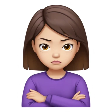 Angry Pouty girl with small asian eyes folding arms in a purple longsleeve shirt she has fair skin and medium length brown hair with highlights sticker