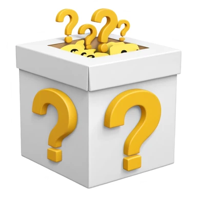 white cube shaped box printed with "q&a" over stuffed with yellow question marks sticker