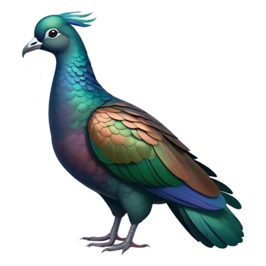 Nicobar pigeon with iridescent blue, green and copper-colored plumage, distinctive white tail sticker