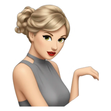 Taylor swift with a gray dress, atacher hair in ponytail in front of a piano sticker