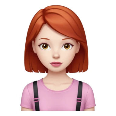 Redhead girl with deep brown eyes, pale skin with light red lips wearing a pink strap shirt sticker