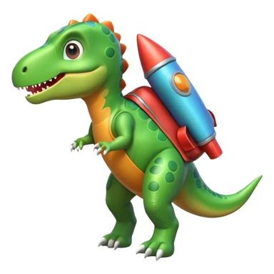 cute toy-like rocket-propelled dinosaur, rounded shapes, glossy texture, colorful rocket backpack, happy expression, 3D cartoon, mobile game icon style, clean background, no text, no watermark
 sticker