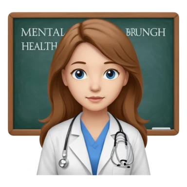 university classroom that says Mental Health Nursing on the blackboard with a pretty female nursing student with long brown hair, blue eyes sticker