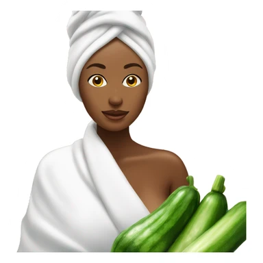 woman with towel on her head infront of sauna with cucumber mask sticker