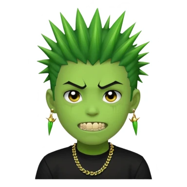 green zombie boy with spiky black emo hair and a black shirt with piercings and gold grilzz  sticker