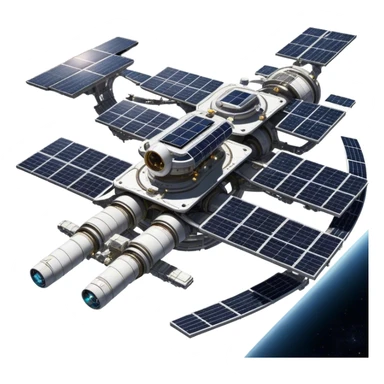  Cinematic Realistic Space Station – A highly detailed, sprawling orbital station with complex solar panels and intricate docking modules. The metallic structure glows faintly from reflected sunlight, with the curvature of Earth and the deep blackness of space in the background. sticker