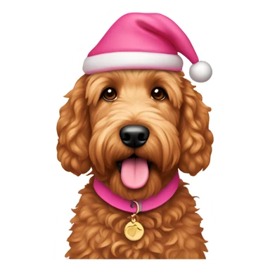 Red golden doodle with pink Santa hat, and pink collar sticker