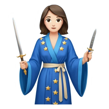 An upright Europe (a tall woman), wearing a blue, flowing robe with stars on the hem, and behind her stands Chancellor Merz, holding a knife toward her back sticker