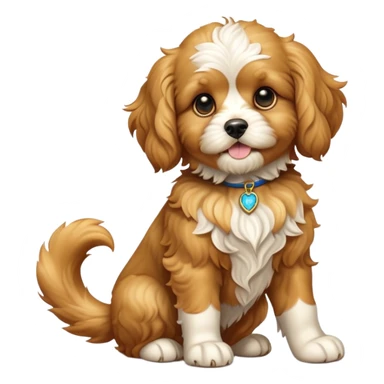 cinematic-[cavoodle dog]-realistic-full-body-sitting-emoji,-tail-resting-loosely-beside-its-paws,-head-tilted-dramatically,-wavy-[solid golden]-fur,-simplified-yet-realistic-focused-features,-highly-detailed,-glowing-with-an-almost-sarcastic-glow sticker