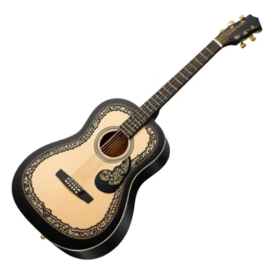 acoustic sunrise guitar with black lacy-details and engraved small black music notes sticker