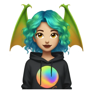 Lady with brunette and iridescent blue hair, gold, lime green dragon wings, black hoodie, oilslick holographic, black and gold Nike t shirt, and bright red eyes sticker