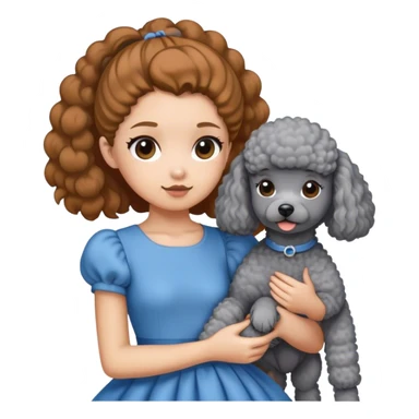 A girl with a caramel brown ponytail holding a grey poodle sticker