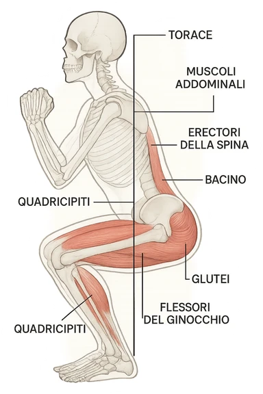 side view of a human figure performing a squat, with transparent overlays showing the skeletal structure. A straight line or highlighted axis connects the pelvis (bacino) and the ribcage (torace), demonstrating correct alignment. Key muscles involved in maintaining posture are labeled. Clean, educational style, white background. sticker