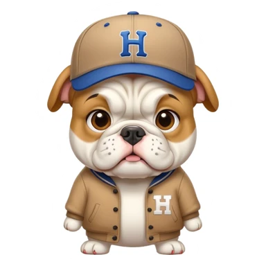 white BULLDOG with with baseball hat, H on hat sticker