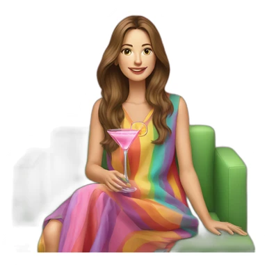 Caucasian woman with long brown hair sitting on a couch in front of a light green wall in a rainbow striped caftan holding a pink cocktail sticker