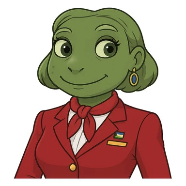 Remove the hat from the flight attendant, keep the red uniform, in the style of bufo frog meme emoji style. sticker