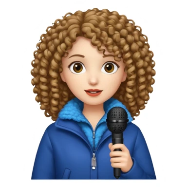 curly haired woman with winter clothes holding microphone sticker
