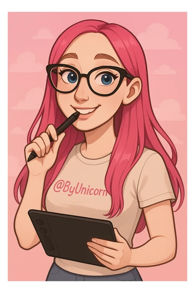 девушка с референса в рисованном милом стиле, у девушки розовые длинные прямые волосы, большие выразительные голубые глаза, черные очки для зрения формы кошачий глаз, нос чуть с горбинкой, девушка улыбается а в зубах прикусывает перо от графического планшета, которое она держит в руке, а в другой руке держит сам планшет 
одета девушка в светло-бежевую облегающую футболку с вышивкой розовым цветом @ByUnicorn, фон градиентный розовый, можно добавить пушистые облака sticker