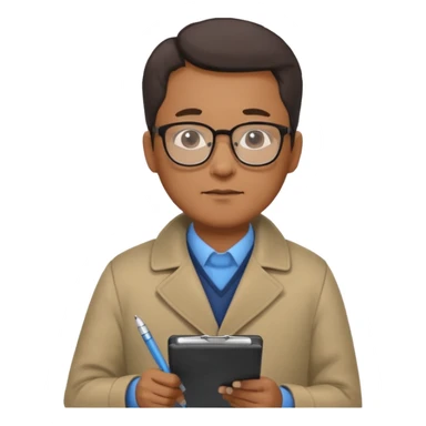 Middle-aged asian male vet – glasses, coat, writing notes on clipboard. sticker