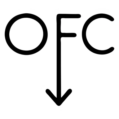 Letters OFC with a downward arrow underneath sticker
