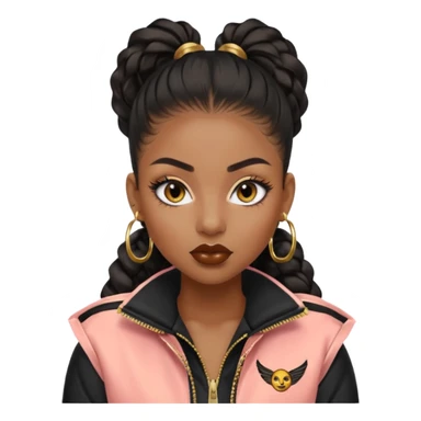 “black Emoji girl, fierce confident expression, sharp black winged eyeliner, bold brows, matte nude lips, long curled lashes, sleek high ponytail, gold hoop earrings, sporty streetwear jacket.” sticker