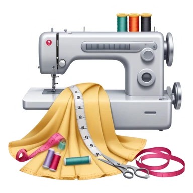 Sewing icon, measuring tape, pins, scissors, and a dress in progress, sewing machine with thread, visible needle, spools of thread, fabric pieces cut according to patterns, minimalistic style, clean lines, transparent background. sticker
