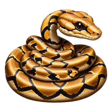 A photo-realistic top-down view of a Ball Python gently coiled into a tight spiral, with its head resting peacefully at the center. Its scales are warm brown with bold, irregular black markings, including the distinctive “alien-head” pattern, flowing smoothly along its body.  sticker