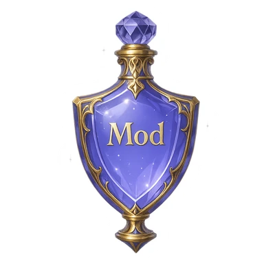 Very luxurious, exceptional crystal shield-shaped elixir bottle, color #7986cb, with inscription 'Mod', maximum glow, edges, ornaments, golden details, subtle magical effects, unique shape accents, transparent background, beautiful seamless bottom, bottle clearly floating in air, no base or shadow, premium class, modern, fits collection. sticker