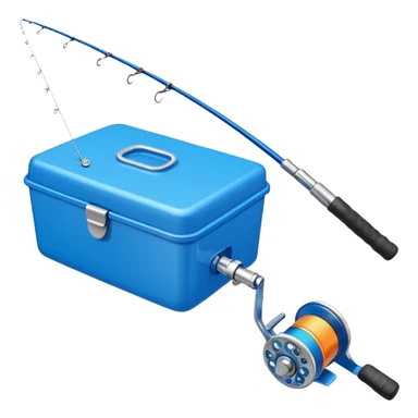 A fishing rod with reel and line neatly coiled beside a bait box. sticker