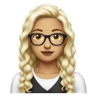 Chica de 20 años con largo cabello rizado, lentes y piel clara. camisa blanca y oberol negro sticker