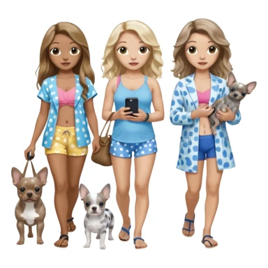 Three pretty women in beach clothes one walking a blue and gray spotted Merle Frenchie, one walking a black with tan chihuahua puppy, one holding iPhone, hazel eyed light skin with dark blonde long hair and light light skin hazel eyed long wavy brown hair, blue eyed light skin long blonde hair  sticker