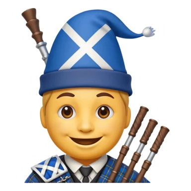 Create a smiling emoji based on "party face with party hat" emoji. Use a blue and white colors from the Scottish Saltire. Include bagpipes next to the emoji, incorporating tartan Blending scottish details blending into the design. sticker