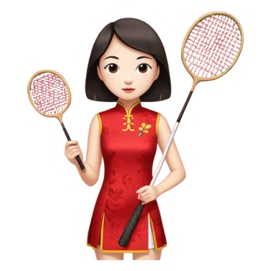 ancient cheongsam girl with 1 badminton racket, red sticker