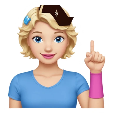 Girl Blonde short wavy hair,  blue eyes, cute blue top, long lashes, pink lips, smiling, fist bump sticker