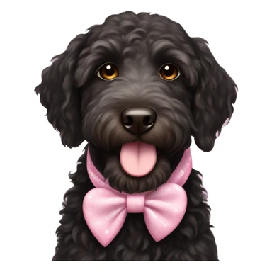 Black labradoodle female dog brown eyes with pink bows and white bandana with hearts sticker